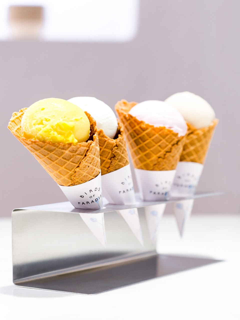Four gelato on thyme cones